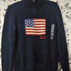 Vintage 90s Ralph Lauren Navy Blue Iconic Flag Cable Knit Sweater Sz L